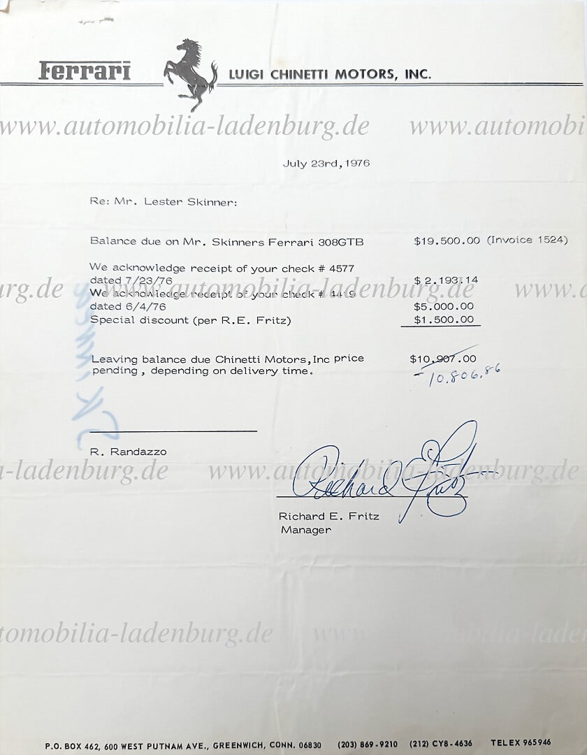 FERRARI 1976, original invoice from Luigi Chinetti Motors to Lester Skinner Ferrari 308GTB German (1 of 1)