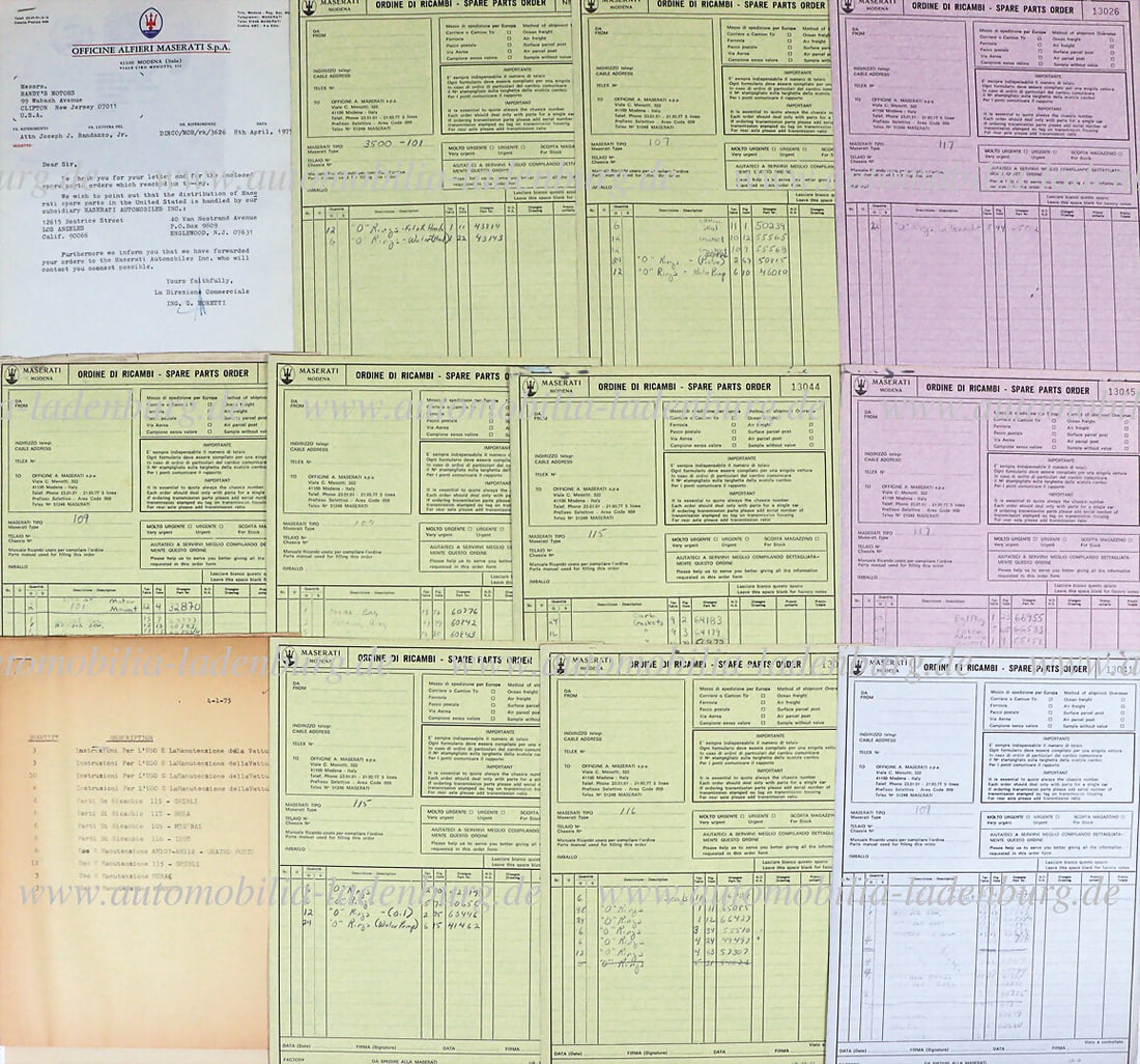 MASERATI Extensive collection of Maserati spare parts orders, as well as a letter from Maserati to (1 of 1)
