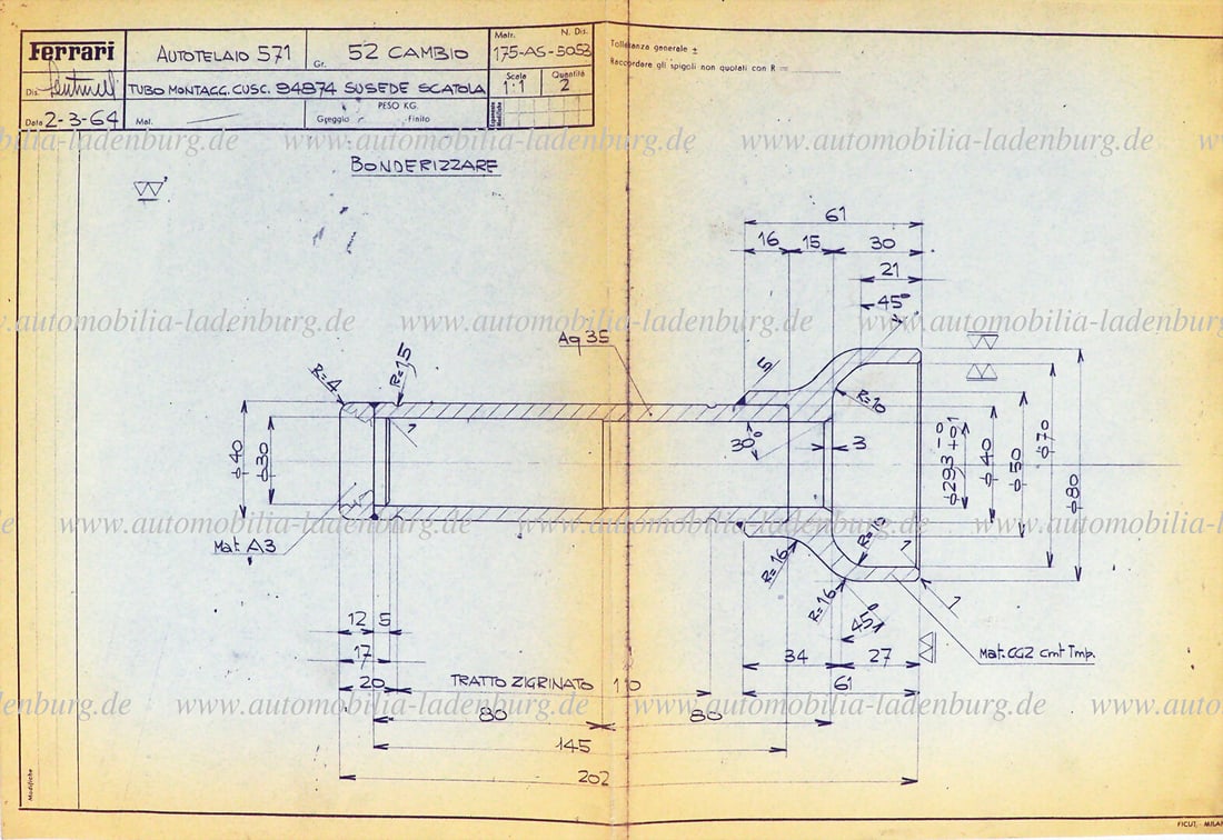 FERRARI 2.3.1964, original Ferrari blueprint assembly tool for the installation of a bearing in the: FERRARI 2.3.1964, original Ferrari blueprint assembly tool for the installation of a bearing in the seat of a gearbox housing, Ferrari 330, scale 1:1 German Description FERRARI 2.3.1964, original Ferr