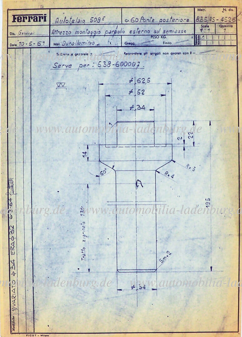 FERRARI 10.5.1961, original Ferrari blueprint assembly tool for the installation of an outer shaft (1 of 1)