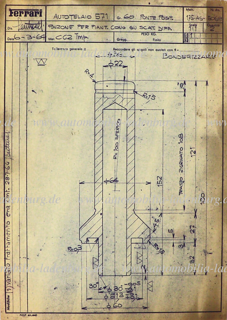 FERRARI 6.3.1964, original Ferrari blueprint assembly tool for differential unit of the rear axle, (1 of 1)