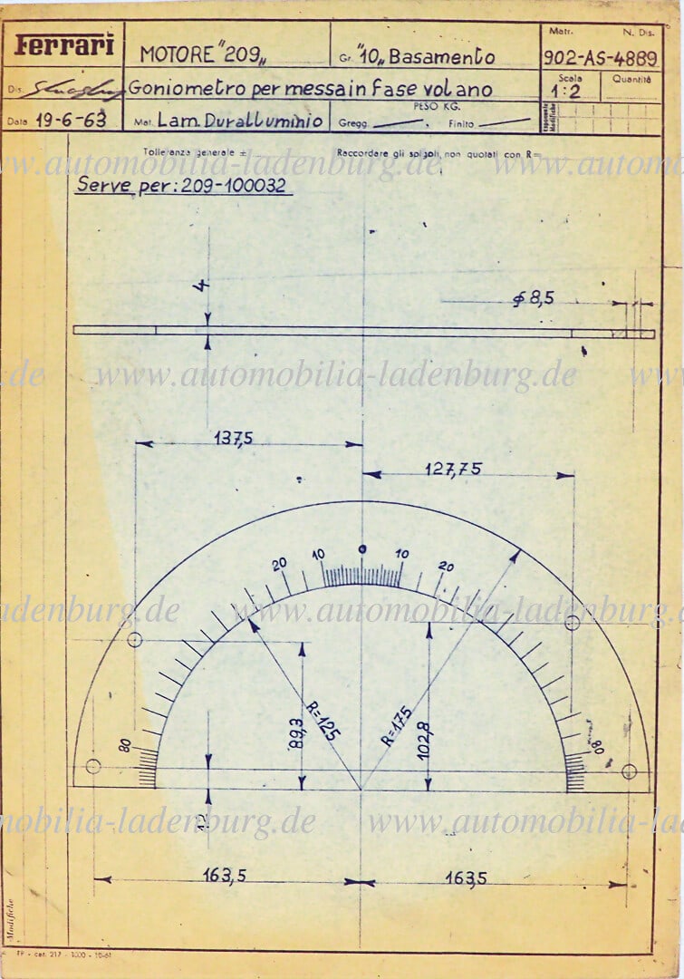 FERRARI 19.6.1963, original Ferrari blueprint protractor for setting the engine timing on the: FERRARI 19.6.1963, original Ferrari blueprint protractor for setting the engine timing on the flywheel, Ferrari 330, scale 1:2 German Description FERRARI 19.6.1963, original Ferrari Blaupause Winkelme