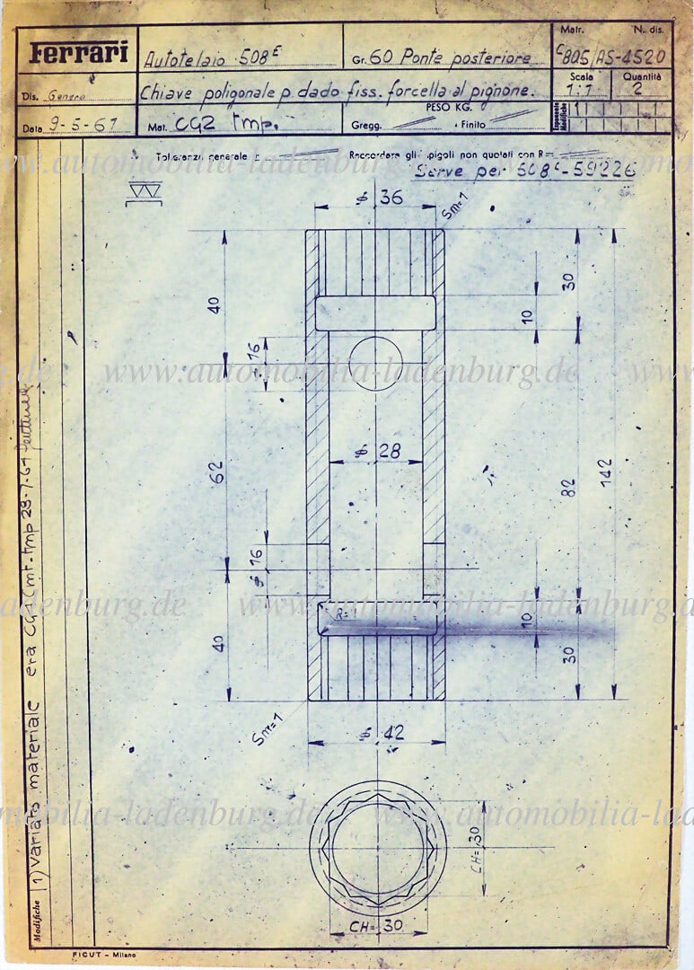 FERRARI 9.5.1961, original Ferrari blueprint socket wrench for mounting the fastening nut on the: FERRARI 9.5.1961, original Ferrari blueprint socket wrench for mounting the fastening nut on the pinion fork of the differential, Ferrari 250, scale 1:1 German Description FERRARI 9.5.1961, original F