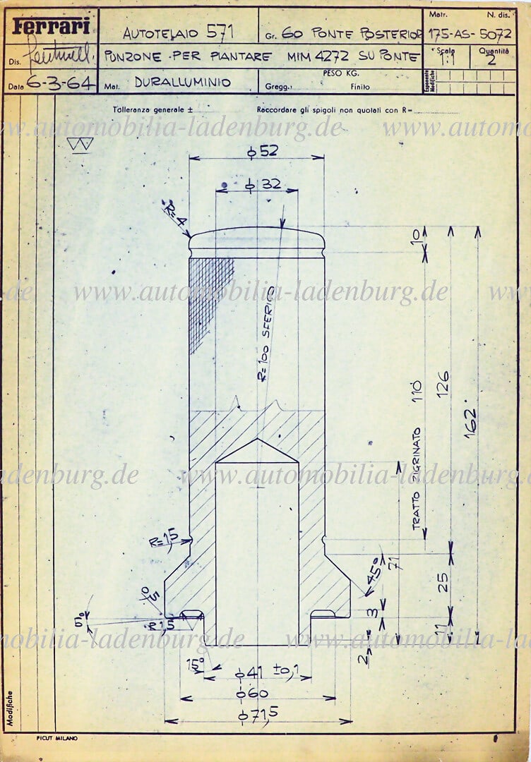FERRARI 6.3.1964, original Ferrari blueprint press-fit mandrel for installing the component (1 of 1)