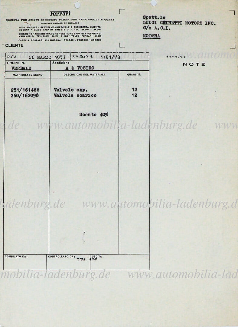 FERRARI 26.3.1973, original order document from Ferrari to Luigi Chinetti German Description (1 of 1)