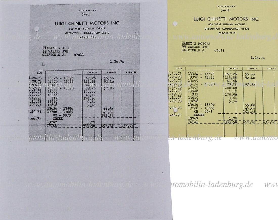 FERRARI 20.1.1974, original invoice from Luigi Chinetti to Randy's Motors, with chassis numbers (1 of 1)