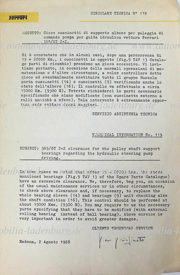 FERRARI 2.8.1968, "Circolare Tecnica No.119" concerning Ferrari 365GT 2+2 German Description (1 of 1)