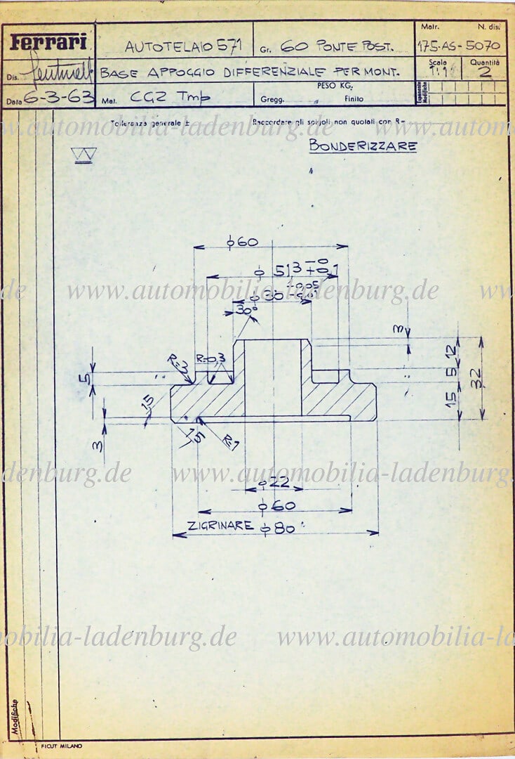 FERRARI 6.3.1963, original Ferrari blueprint component of the rear axle/differential mount, Ferrari (1 of 1)