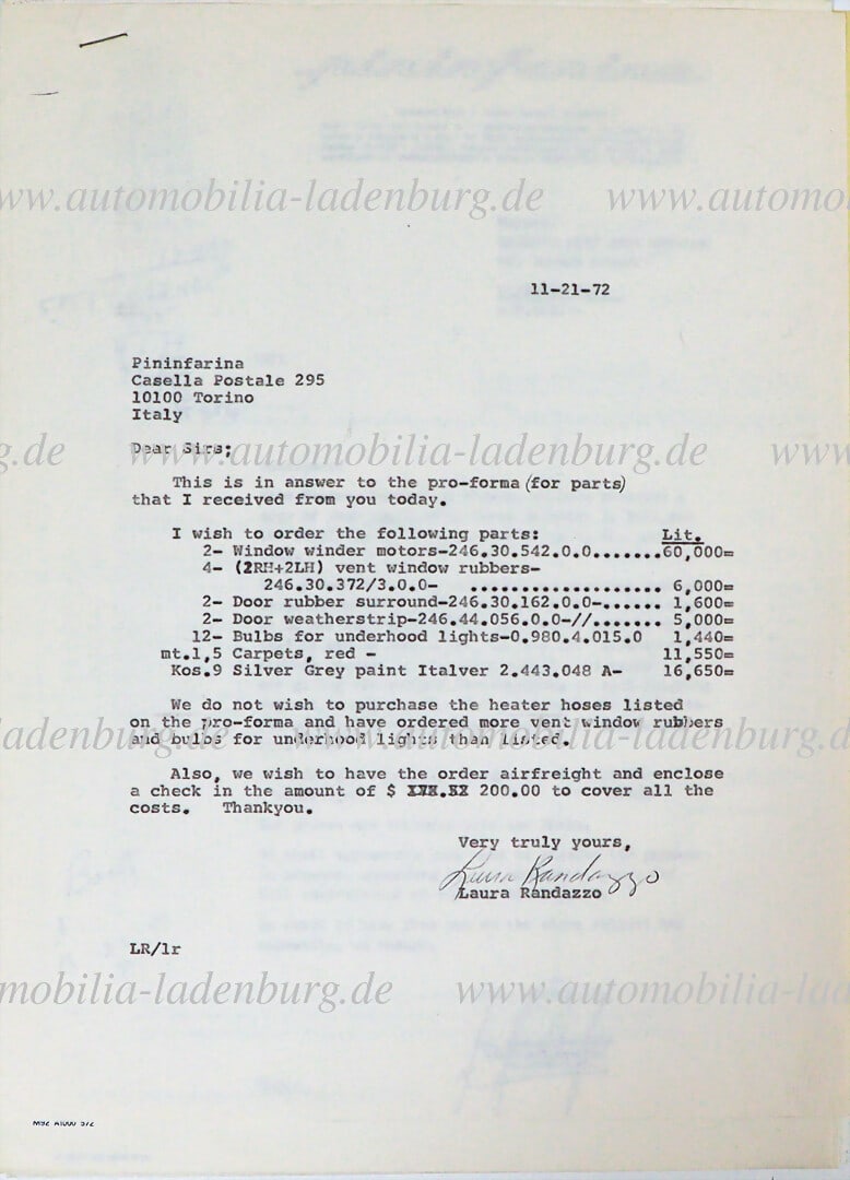 FERRARI 1972, mixed lot of 5 pieces including letter from Randazzo to Pininfarina, signed letter (1 of 4)