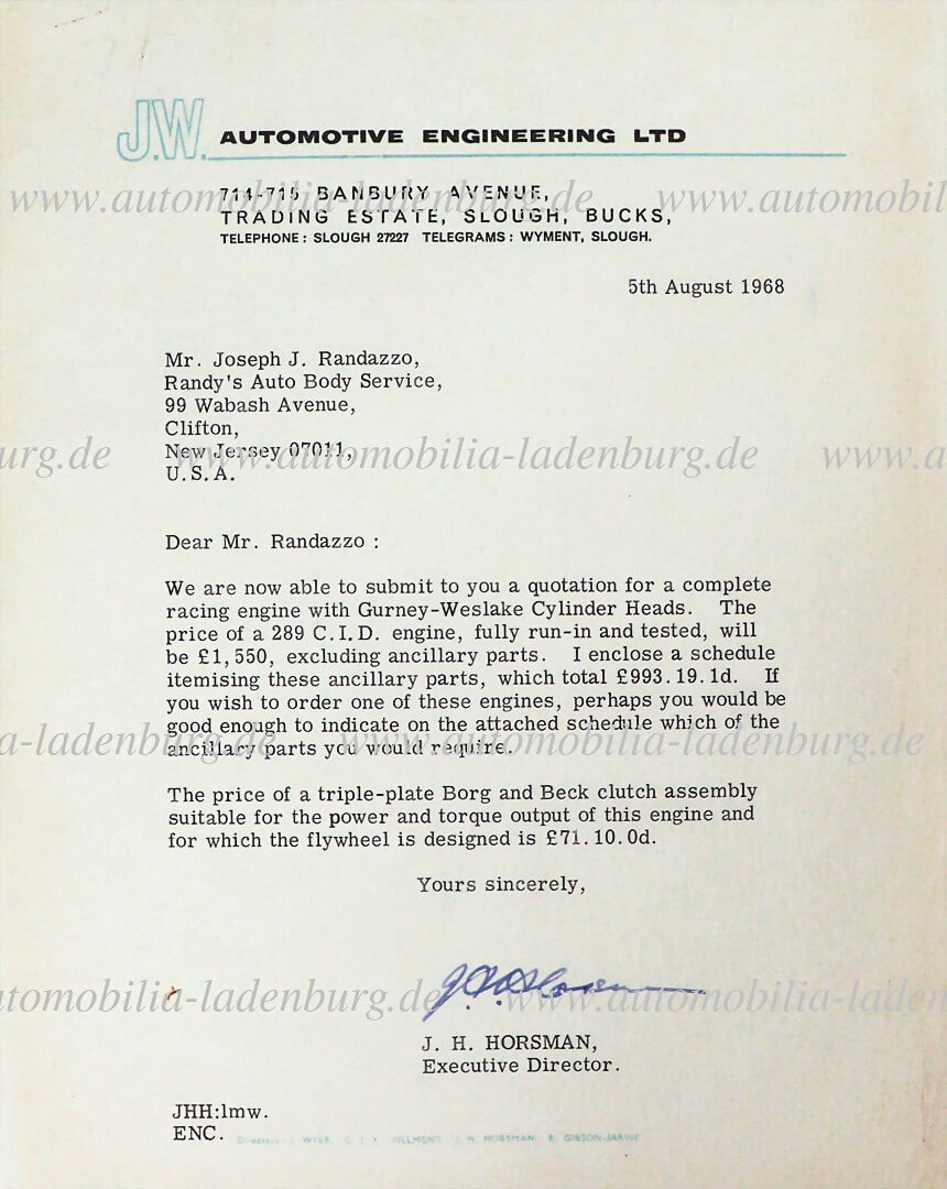 FORD 5.8.1968, signed letter from J.W Automotive Engineering to Joseph Randazzo, regarding an offer (1 of 1)