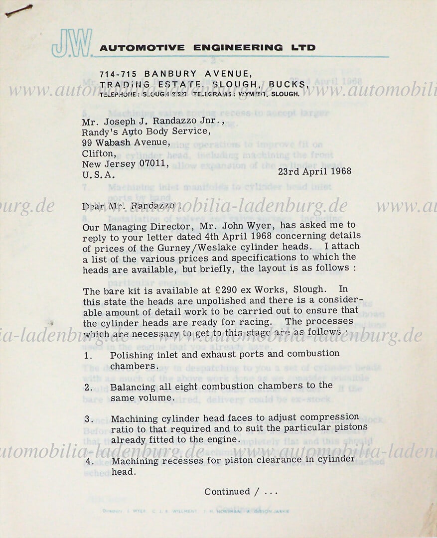 FORD 4/23/1968, signed letter (3 pages) from J.W Automotive Engineering to Joseph Randazzo regarding (1 of 3)