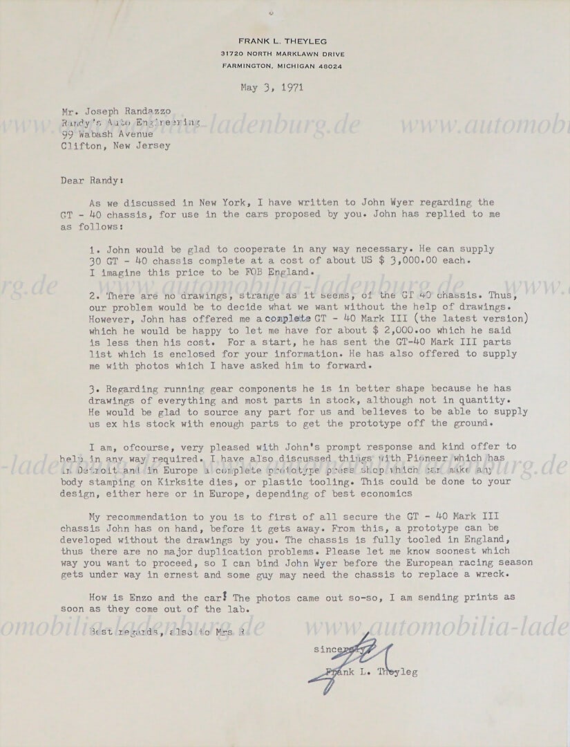 FORD 3.5.1971, signed letter from Frank Theyleg to Joseph Randazzo regarding 30 Ford GT40 chassis, (1 of 1)