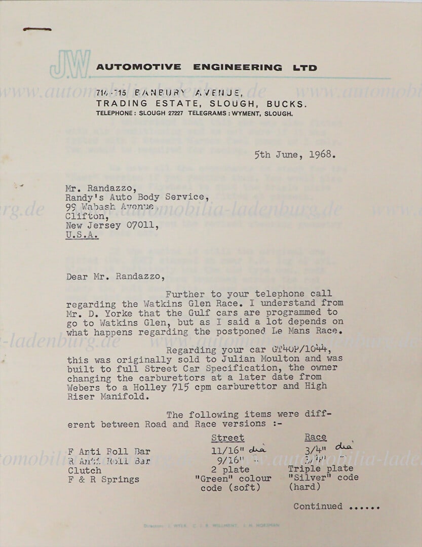 FORD 5.6.1968, signed letter from J.Wyer Automotive Engineering to Joseph Randazzo, regarding Ford (1 of 2)