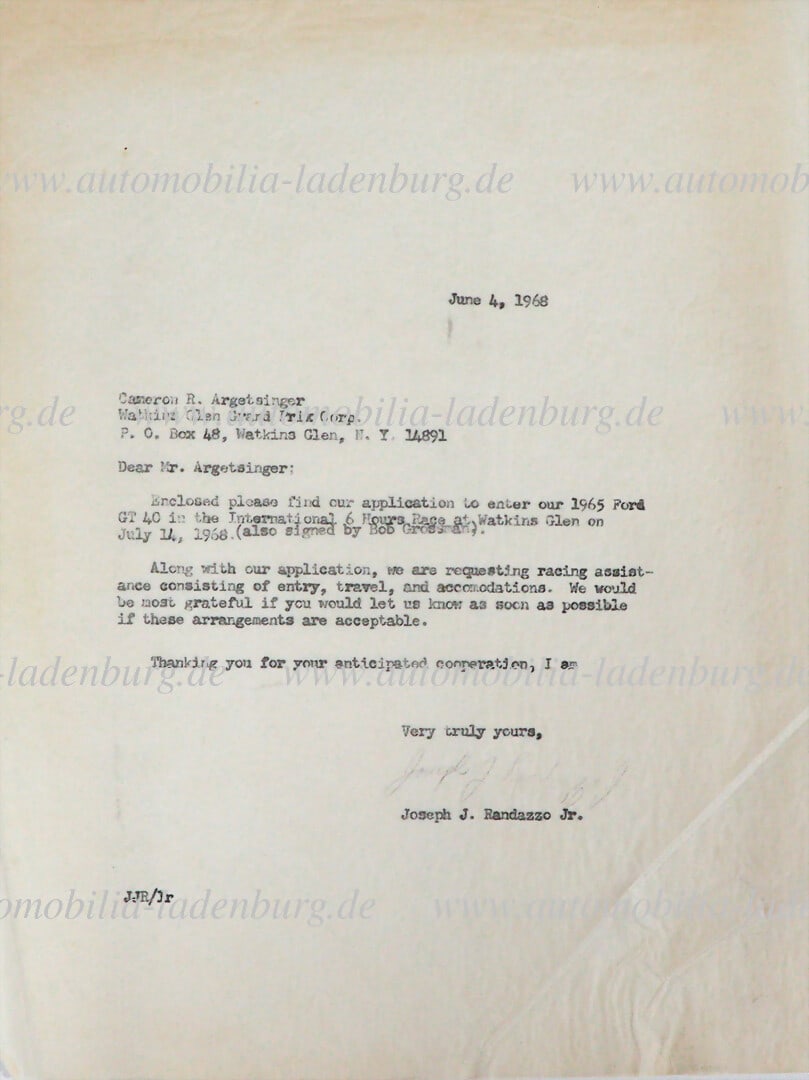 FORD 4.6.1968, signed letter from Joseph Randazzo to Argetsinger (Watkins Glen Grand Prix Corp.) (1 of 1)