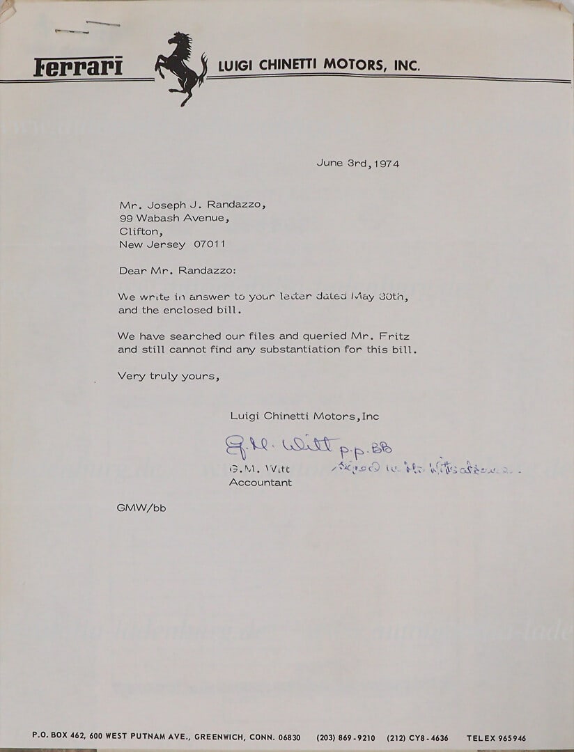 FERRARI 3.6.1974, signed letter from Luigi Chinetti Motors Inc. to Joseph Randazzo regarding missing (1 of 3)