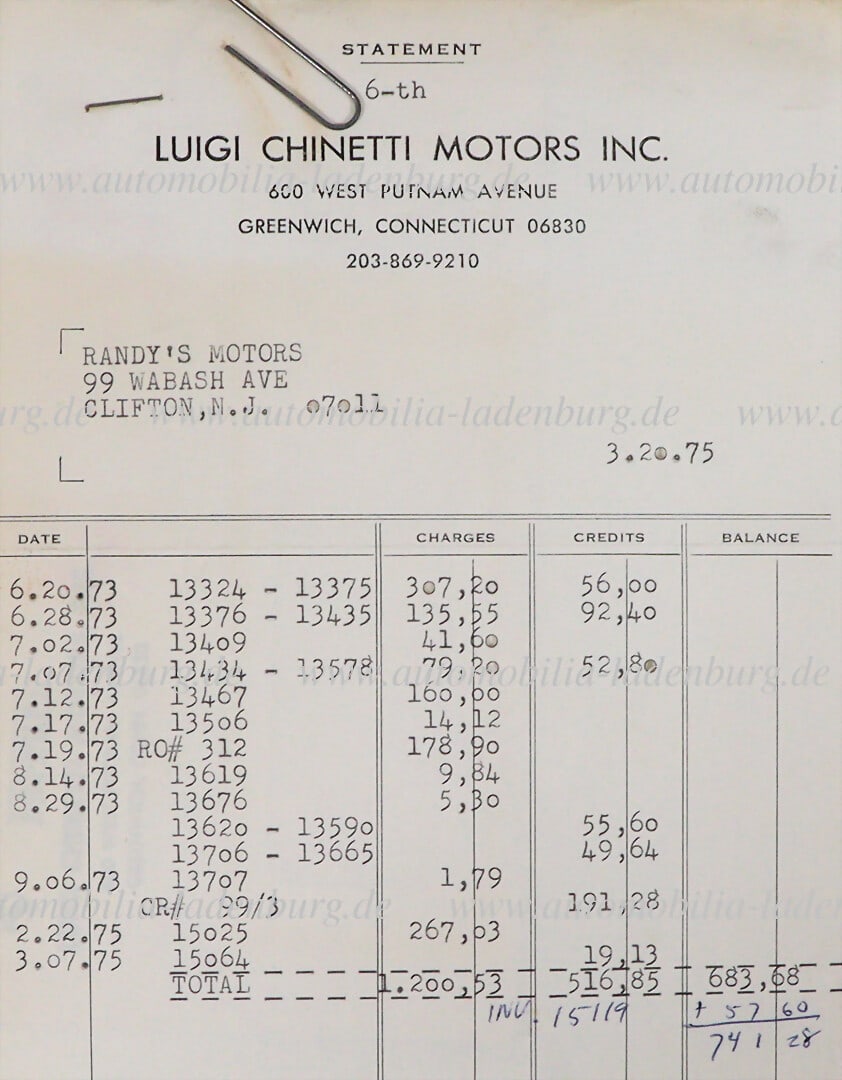 FERRARI 20.3.1975, original invoice from Luigi Chinetti to Joseph Randazzo with chassis numbers, (1 of 2)
