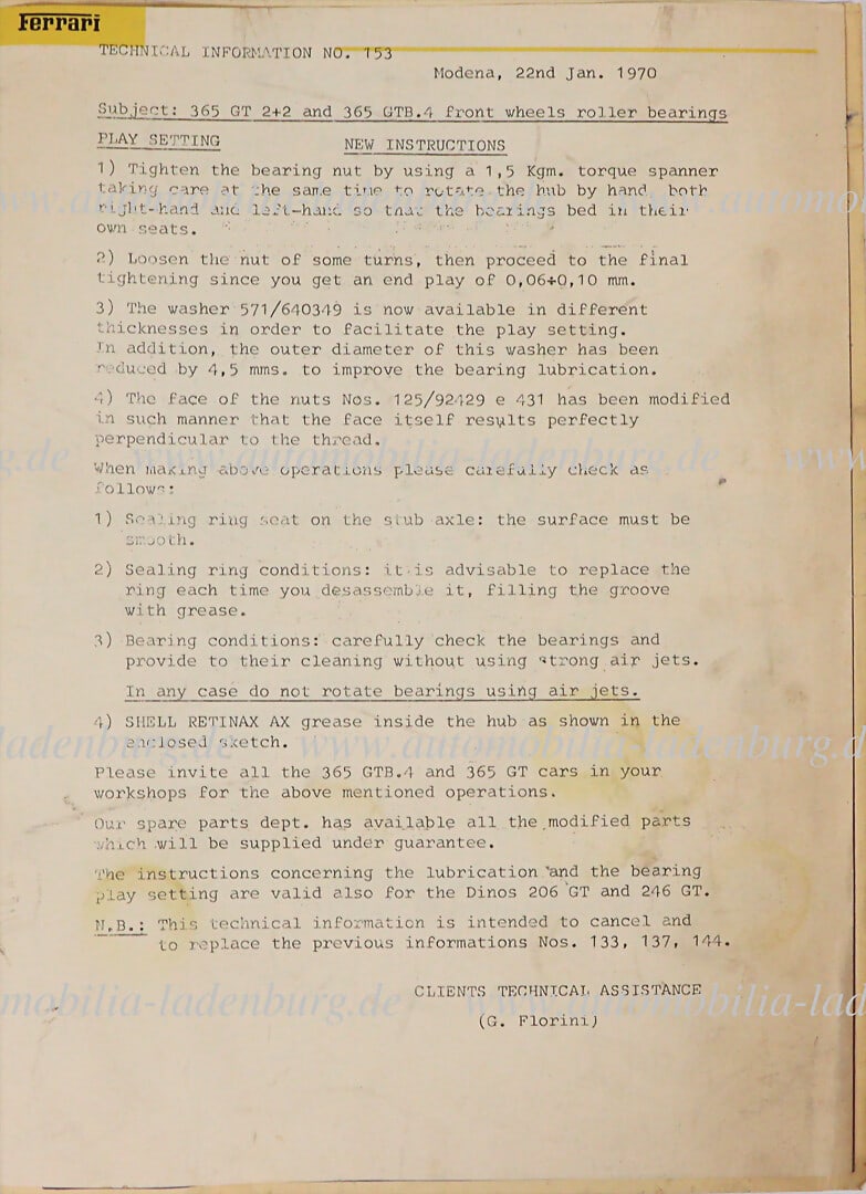 FERRARI 1970, Technical Information No. 153, incl. blueprint German Description FERRARI 1970, (1 of 2)