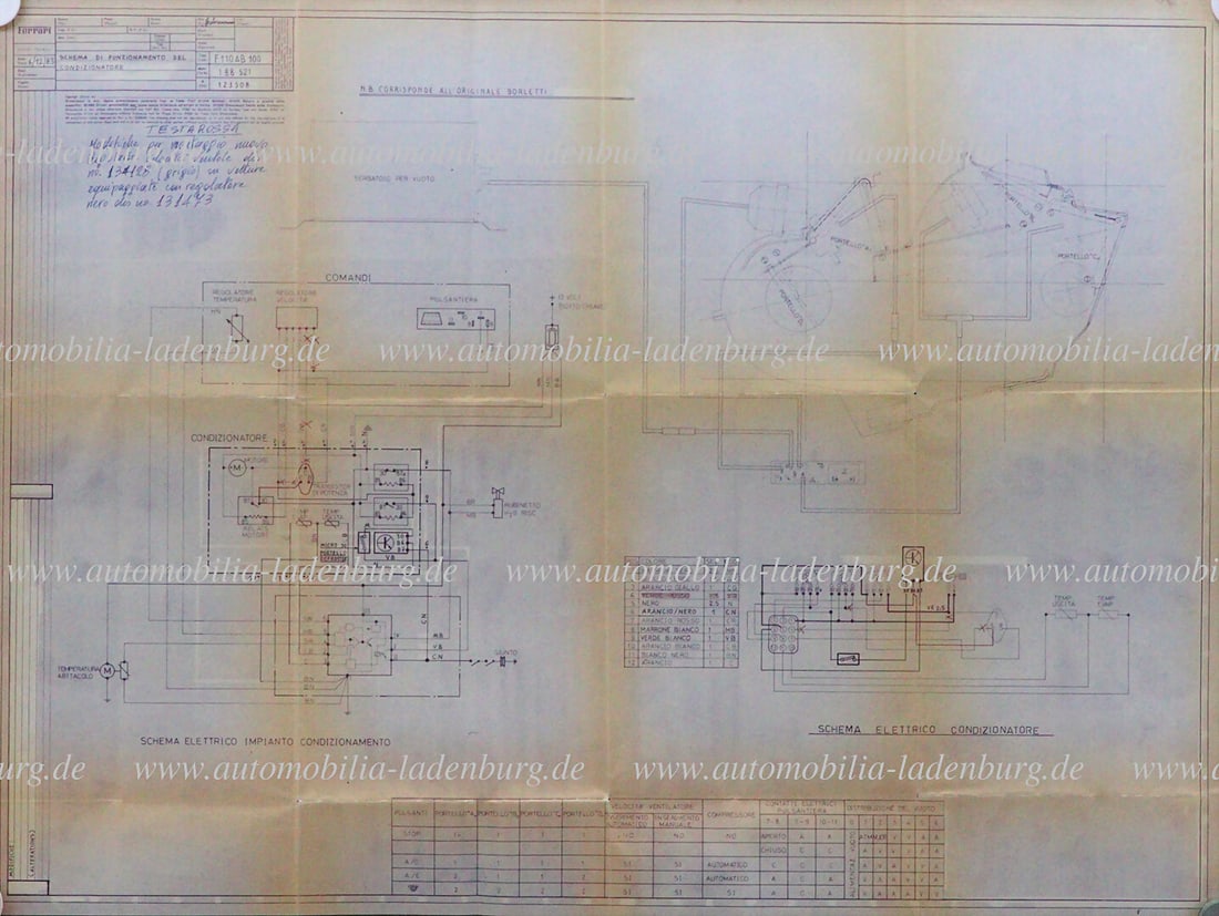 FERRARI 6.12.1985, original Ferrari blueprint functional diagram of the Ferrari Testarossa air (1 of 2)