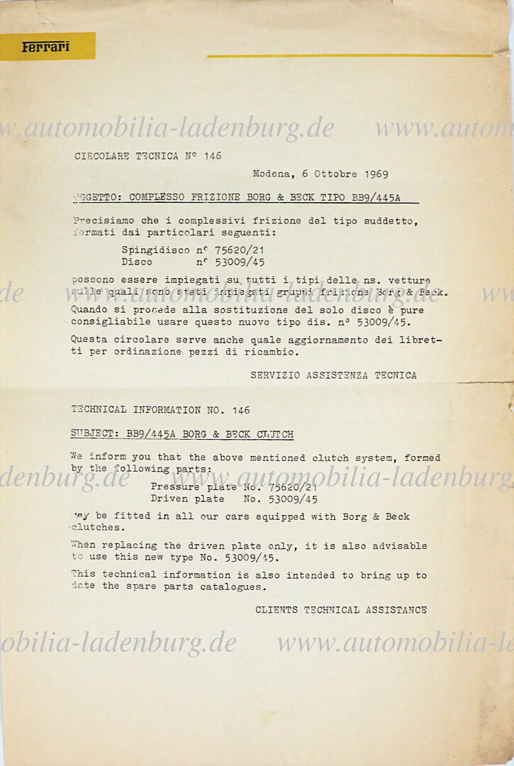 FERRARI 6.10.1969, original Circolare Tecnica N.146, Italian/English text German Description: FERRARI 6.10.1969, original Circolare Tecnica N.146, Italian/English text German Description FERRARI 6.10.1969, original Circolare Tecnica N.146, ital./ engl. Text