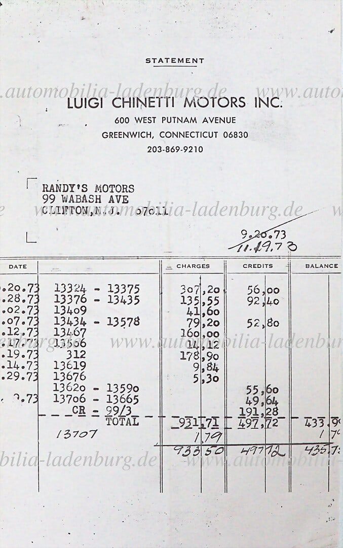 FERRARI 19.11.1973, original invoice from Luigi Chinetti to Randy's Motors, with chassis numbers (1 of 1)