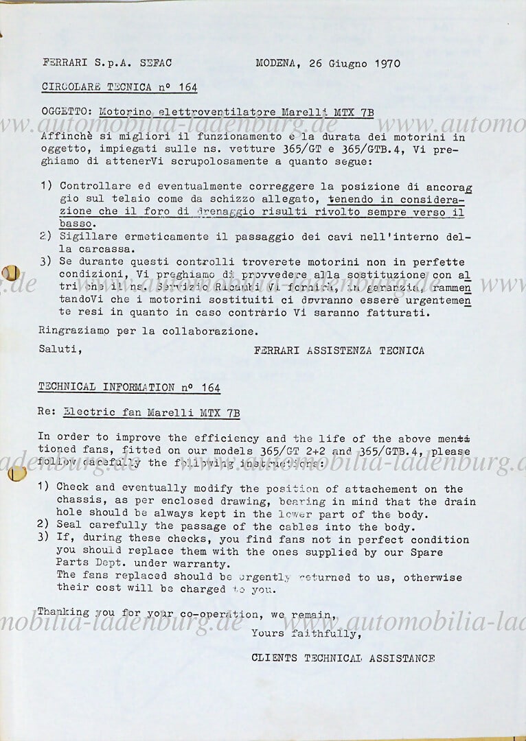 FERRARI 20.6.1970, "Circolare Tecnica No.164" incl. blueprint German Description FERRARI (1 of 2)