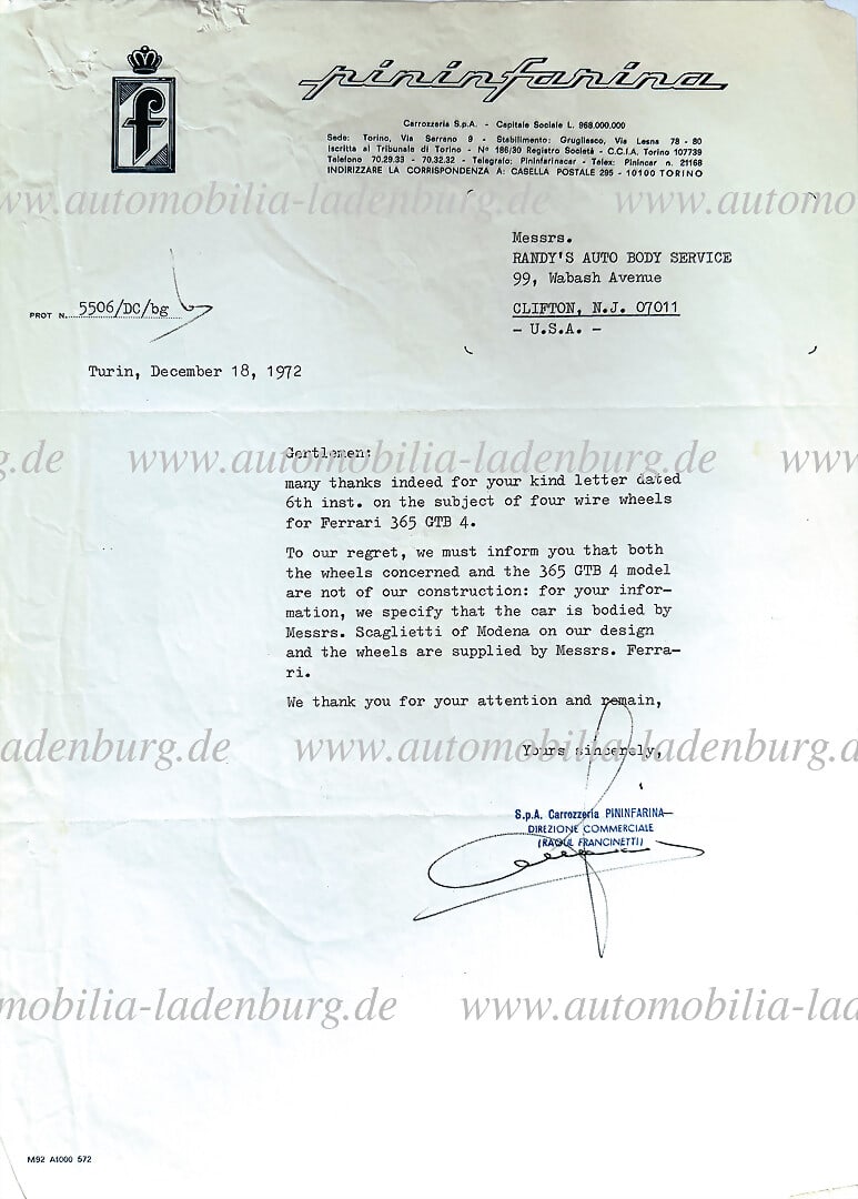 FERRARI 18.12.1972, signed letter from Pininfarina to Joseph Randazzo, regarding 4 wheels for (1 of 1)