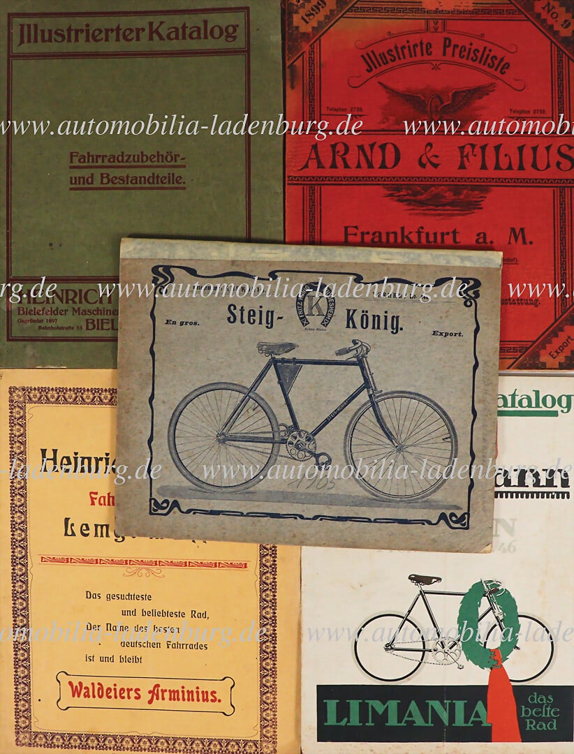 Mixed lot of 5 pcs. bicycle catalogs & price lists, 1899-1913, including "Illustrierte Preisliste": Mixed lot of 5 pcs. bicycle catalogs & price lists, 1899-1913, including "Illustrierte Preisliste" No. 9 by Arnd & Filius (1899) for bicycle parts and manufacturing supplies; anniversary catalog "Lima