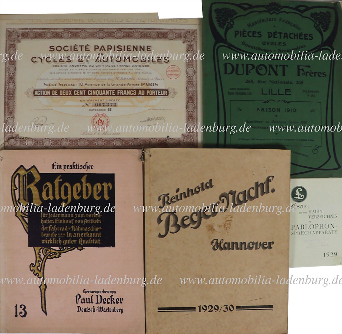Mixed lot of 4 pieces of bicycle history / sales catalogs & securities, 1908-1930, including: Mixed lot of 4 pieces of bicycle history / sales catalogs & securities, 1908-1930, including securities of the "SociÃ©tÃ© Parisienne Cycles et Automobiles" (1929); sales catalog "R