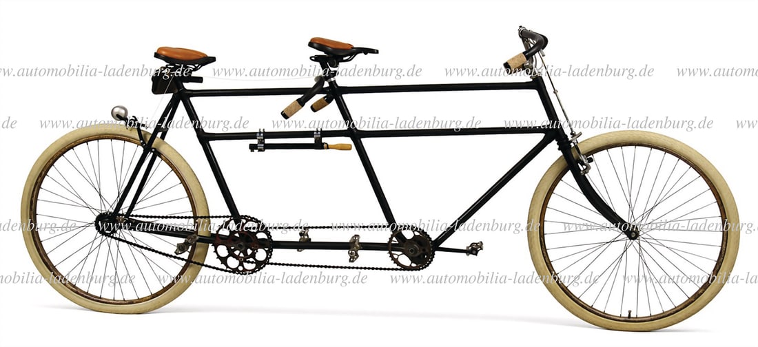 OPEL c. 1890s, probably Opel two-rider tandem, complete, with double plate fork, wheel arch, air: OPEL c. 1890s, probably Opel two-rider tandem, complete, with double plate fork, wheel arch, air pump, F&S torpedo hub, stamped number "6917" in the frame below the handlebars, tire diameter 71cm, han
