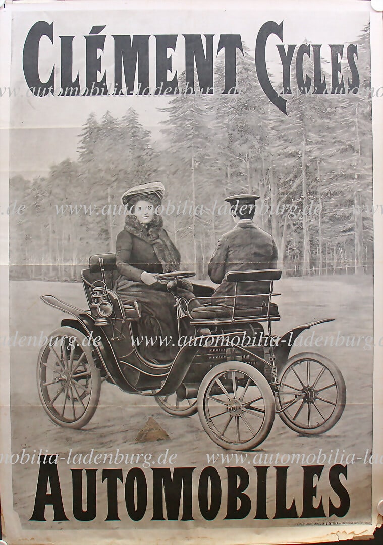 CLEMENT Circa 1905, large lithograph advertising poster "Clement Cycles Automobiles", design L.: CLEMENT Circa 1905, large lithograph advertising poster "Clement Cycles Automobiles", design L. Geisler, traces of folding and discoloration, water damage and missing corner lower right, smaller tears