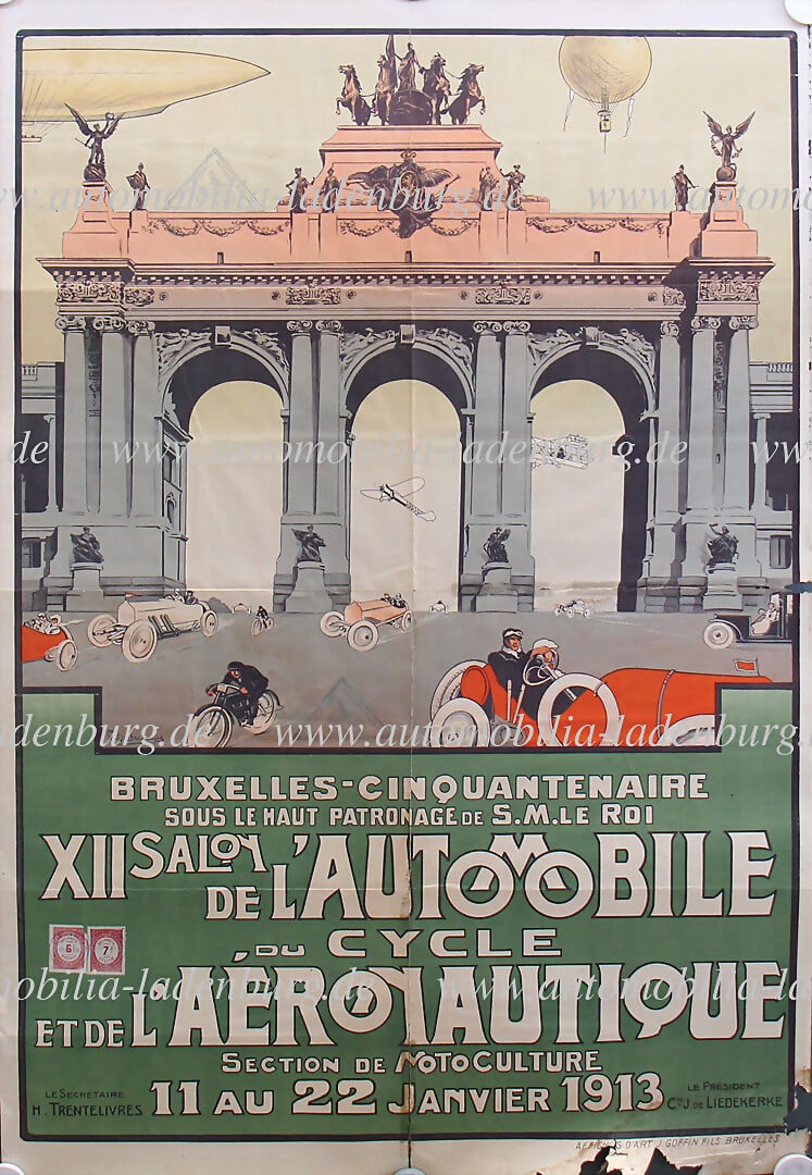 1913, lithograph advertising poster for the 12th automobile, bicycle and aviation show in Brussels, (1 of 4)