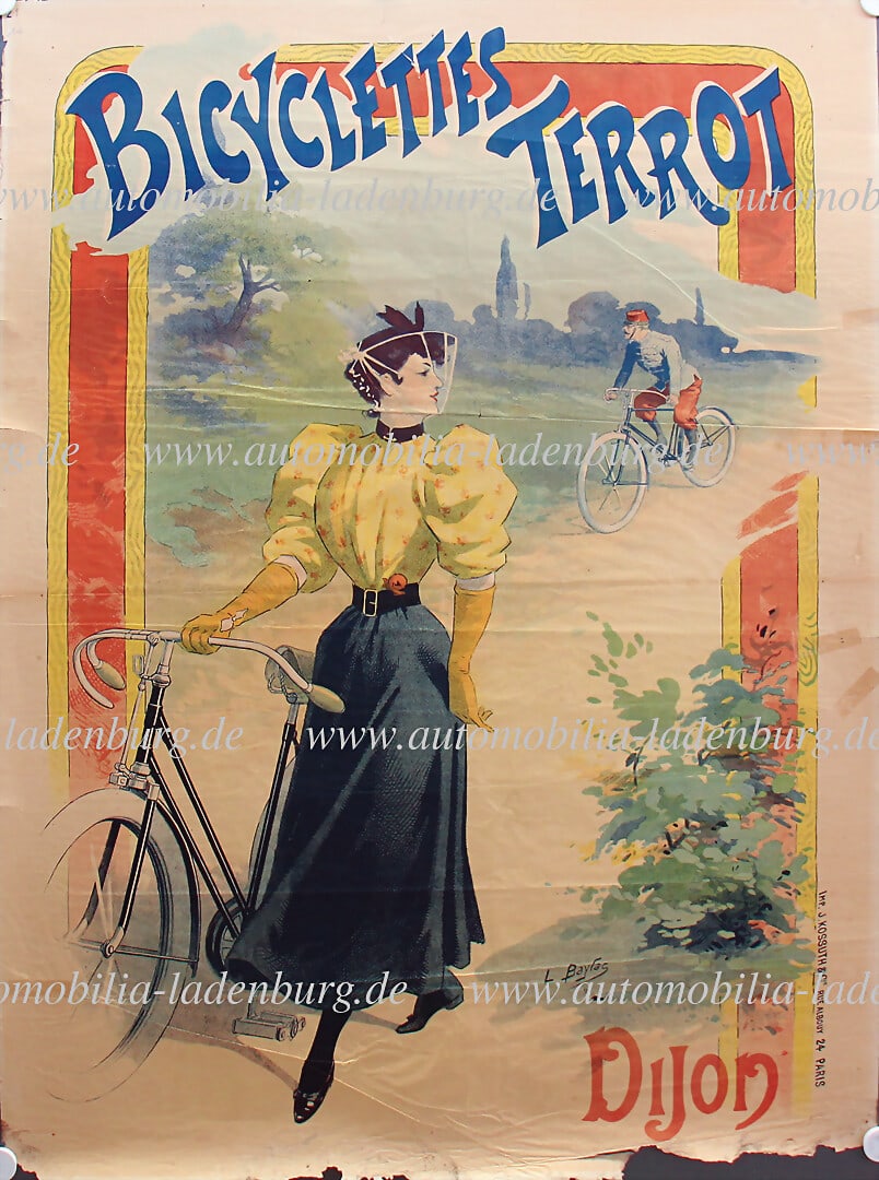 TERROT 1894, large lithograph advertising poster for Terrot bicycles, with motif from Dijon, design: TERROT 1894, large lithograph advertising poster for Terrot bicycles, with motif from Dijon, design L. Baylac, traces of folding, water damage at the lower edge and 11cm tear at the top, smaller tears