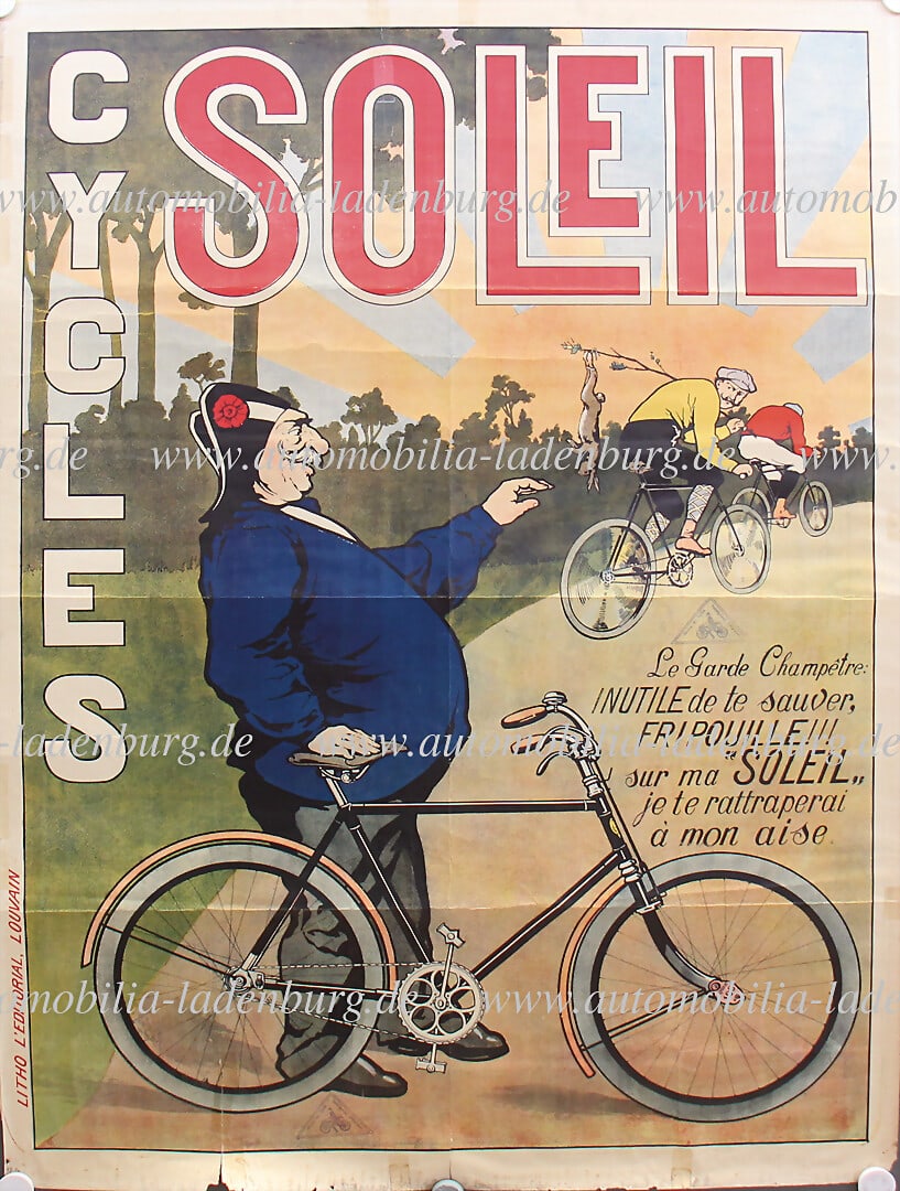 SOLEIL 1920s, large lithograph advertising poster, country policeman shouting at a rabbit poacher: (1 of 1)