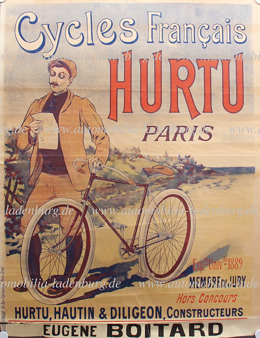 HURTU, HUTIN & DILIGEON 1889, large lithographic advertising poster for Hurtu bicycles, motif is a: HURTU, HUTIN & DILIGEON 1889, large lithographic advertising poster for Hurtu bicycles, motif is a cyclist reading a map, with fold marks and attached at the top edge, good condition for its age, fram