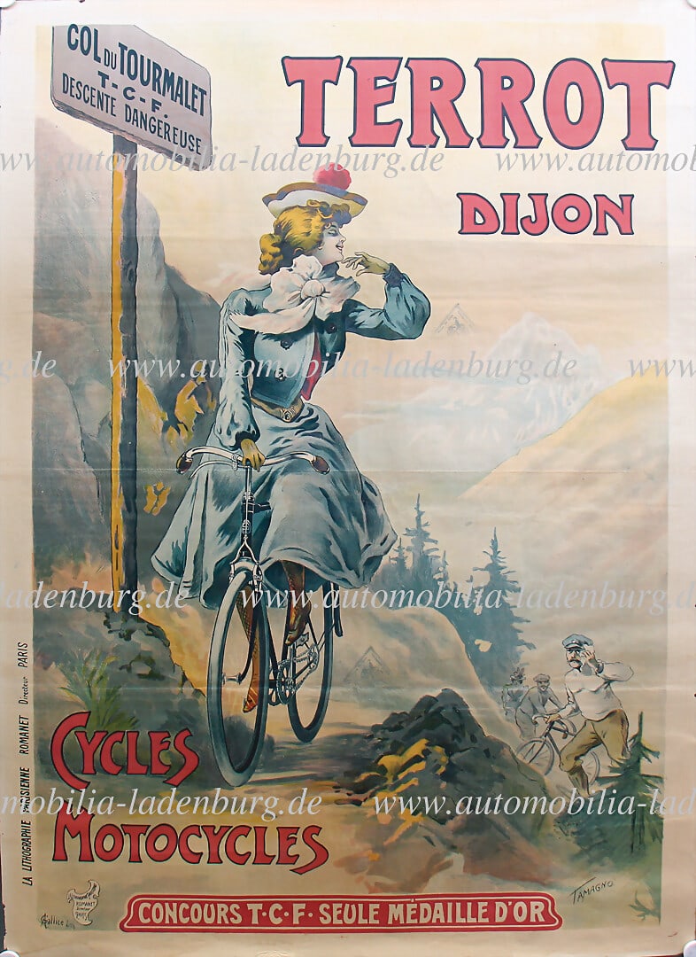 TERROT Circa 1903, large lithograph advertising poster for Terrot bicycles and motorcycles, a woman (1 of 2)
