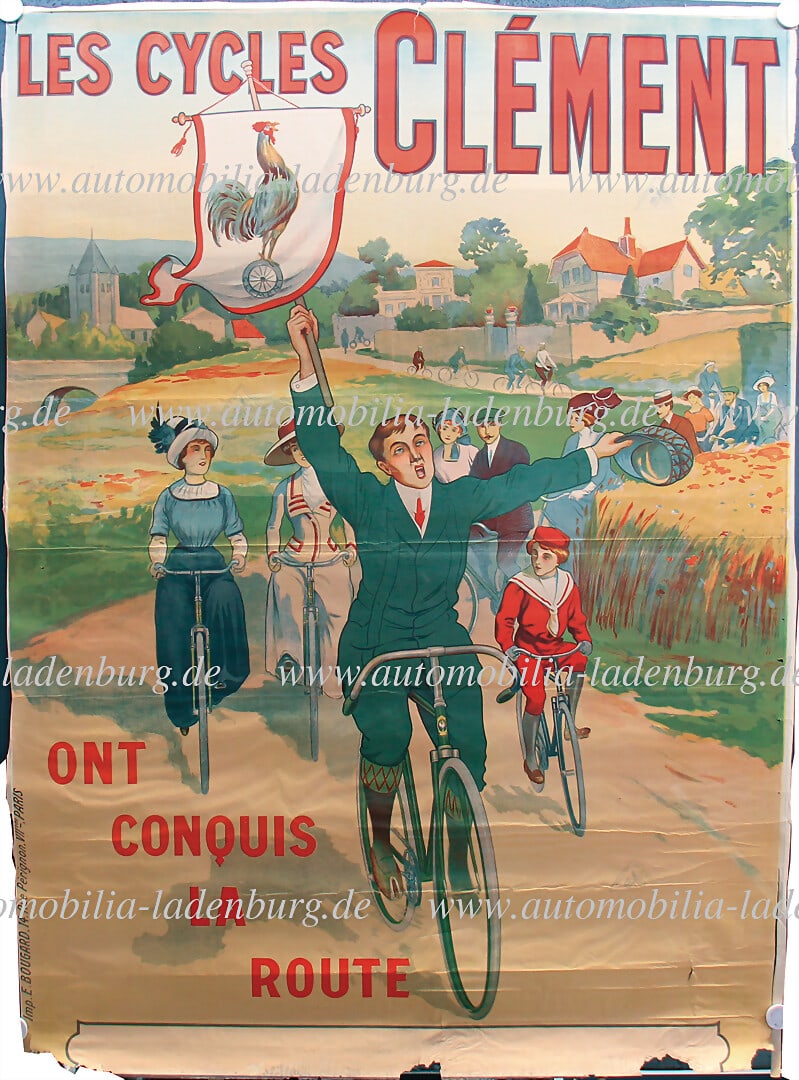 CLEMENT Circa 1890, large lithograph advertising poster for Clement bicycles "Ont Conquis La Route",: CLEMENT Circa 1890, large lithograph advertising poster for Clement bicycles "Ont Conquis La Route", printed by E. Bougard, traces of folding, water stains at lower edge, minor damage at margins, in n