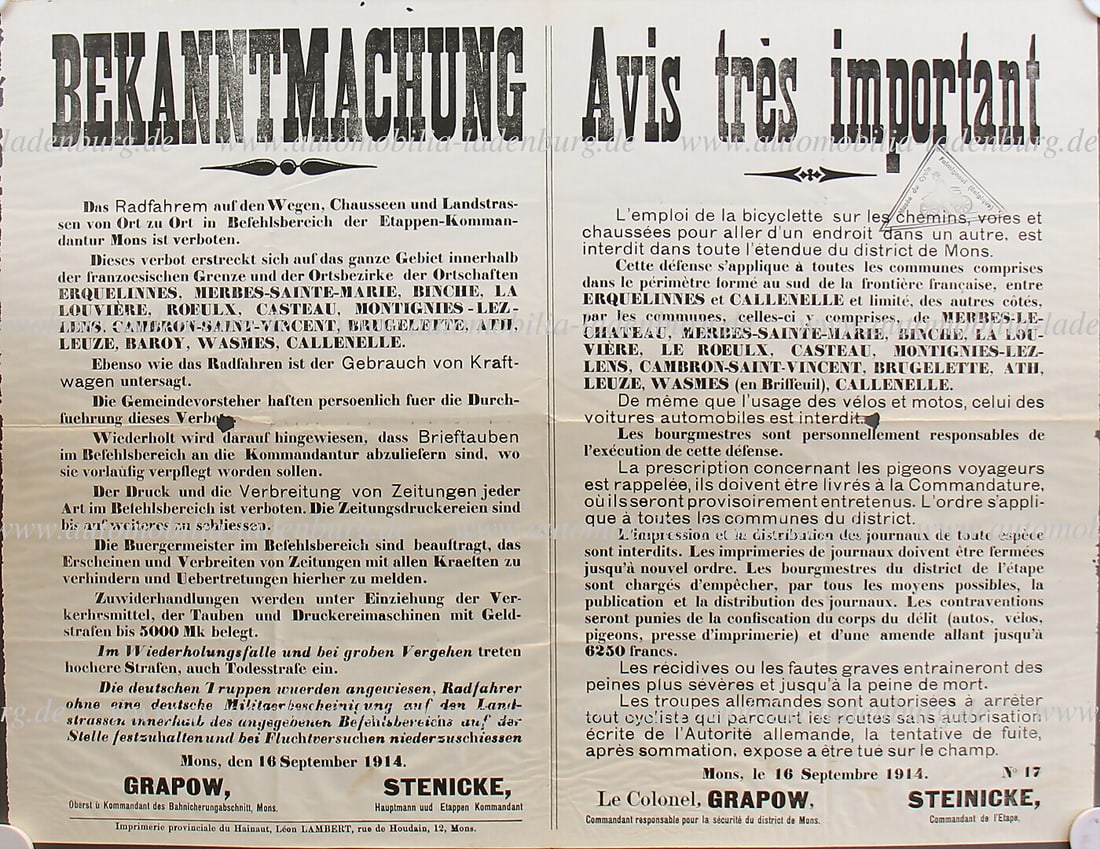 1914, two notices of the city administration of Mons, about the ban on driving between the places (1 of 2)