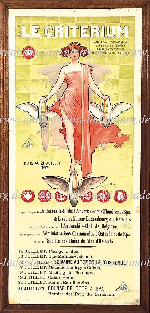 1907, large lithograph advertising poster for the automobile event "Le Criterium", under the: 1907, large lithograph advertising poster for the automobile event "Le Criterium", under the patronage of the King of Belgium, organized by various automobile clubs, 12-21 July 1907, remains of glue, 