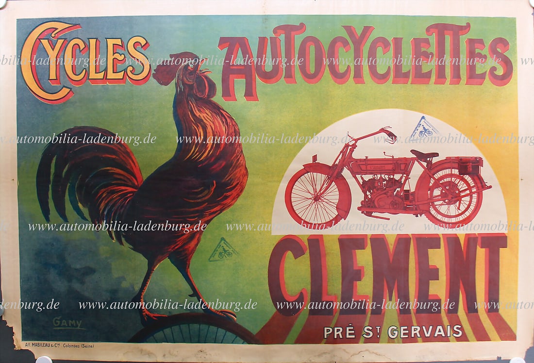 CLEMENT Circa 1902, lithograph advertising poster "Cycless Autocyclettes", design by Gamy, slight (1 of 1)