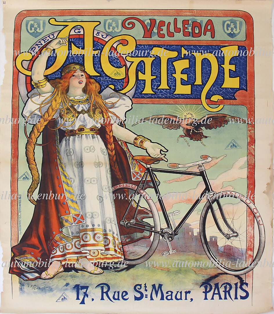 G&J / METROPOLIS Circa 1896, large lithograph weaving poster for the chainless bicycle "Velleda (1 of 2)