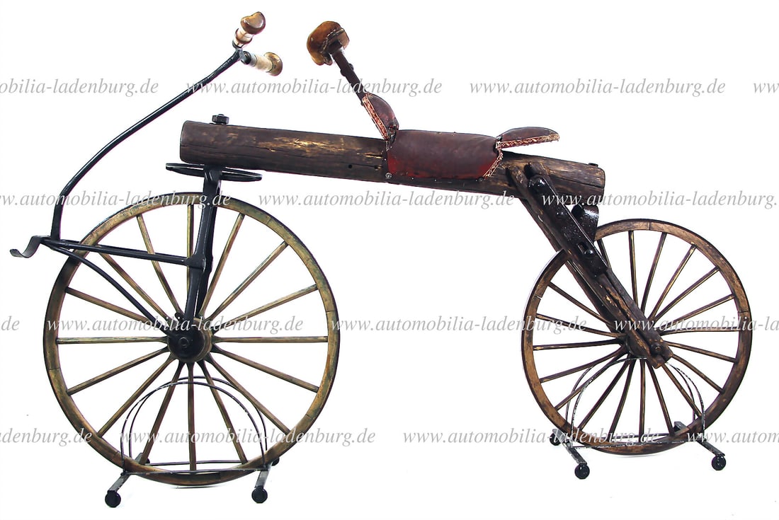 1830, wheel as a steerable running machine made of wood with footrest, wooden wheels with iron tires: 1830, wheel as a steerable running machine made of wood with footrest, wooden wheels with iron tires and steering via handlebars on the front wheel, wooden handles and non-original rear wheel, front w