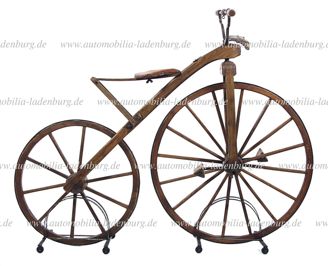 1890, Velociped wooden crank bicycle with wooden spoke wheels with iron tires, wooden pedals, front (1 of 3)