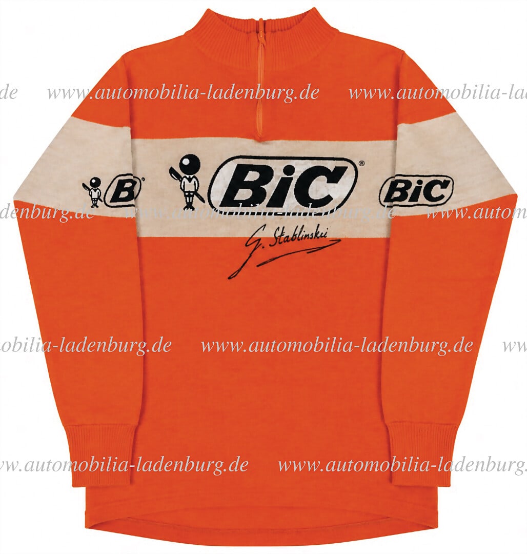 BIC / JOHNY SCHLECK Mixed lot of 5 pieces, including original BIC jersey, signed by Johnny Schleck,: BIC / JOHNY SCHLECK Mixed lot of 5 pieces, including original BIC jersey, signed by Johnny Schleck, no indication of size, as well as 4 photographs/works postcards Rolf Wolfshohl, Jean Stablinski and 