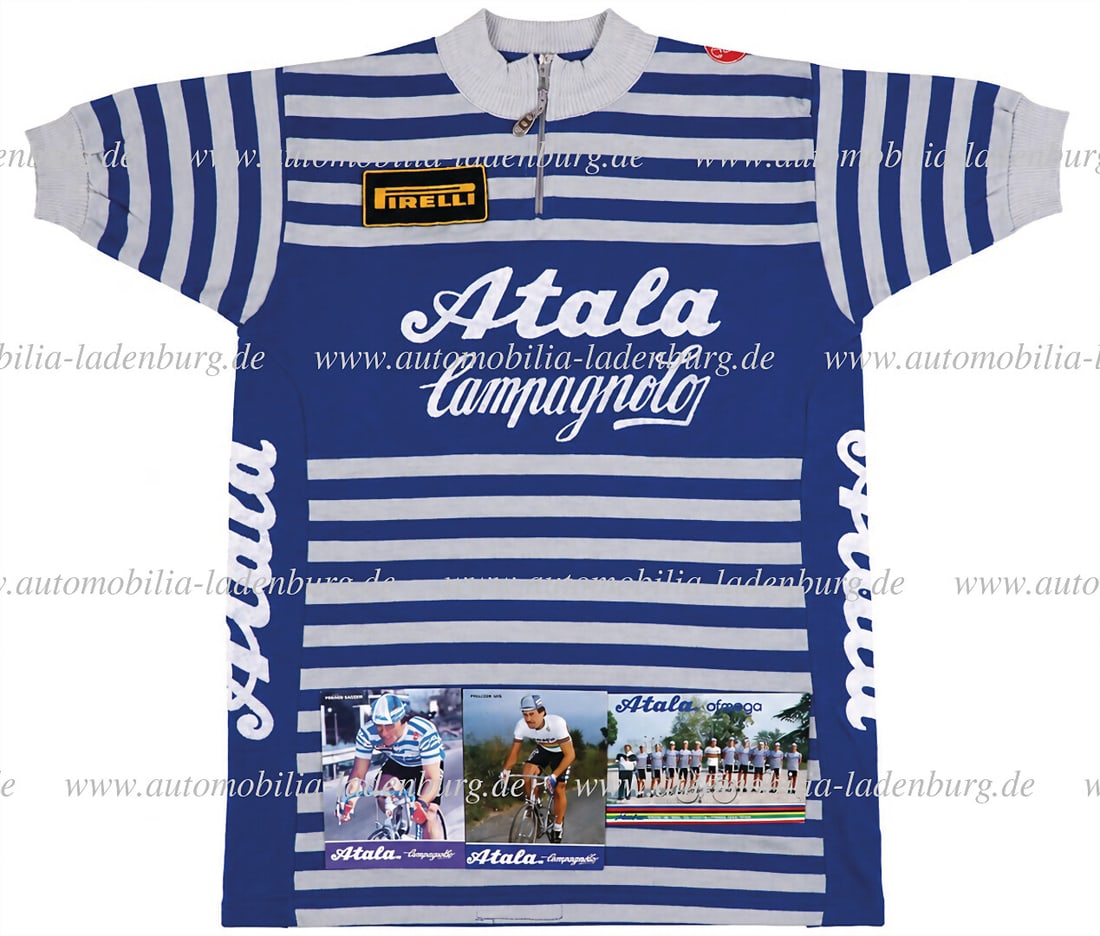 ATALA CAMPAGNOLO mixed lot of 4 pieces, including original Atala-Campagnolo-Pirelli jersey: ATALA CAMPAGNOLO mixed lot of 4 pieces, including original Atala-Campagnolo-Pirelli jersey (manufacturer Castelli), size 5, and 3 factory postcards cycling team 1982-1983 / Pierino Gavazzi / Freuler U
