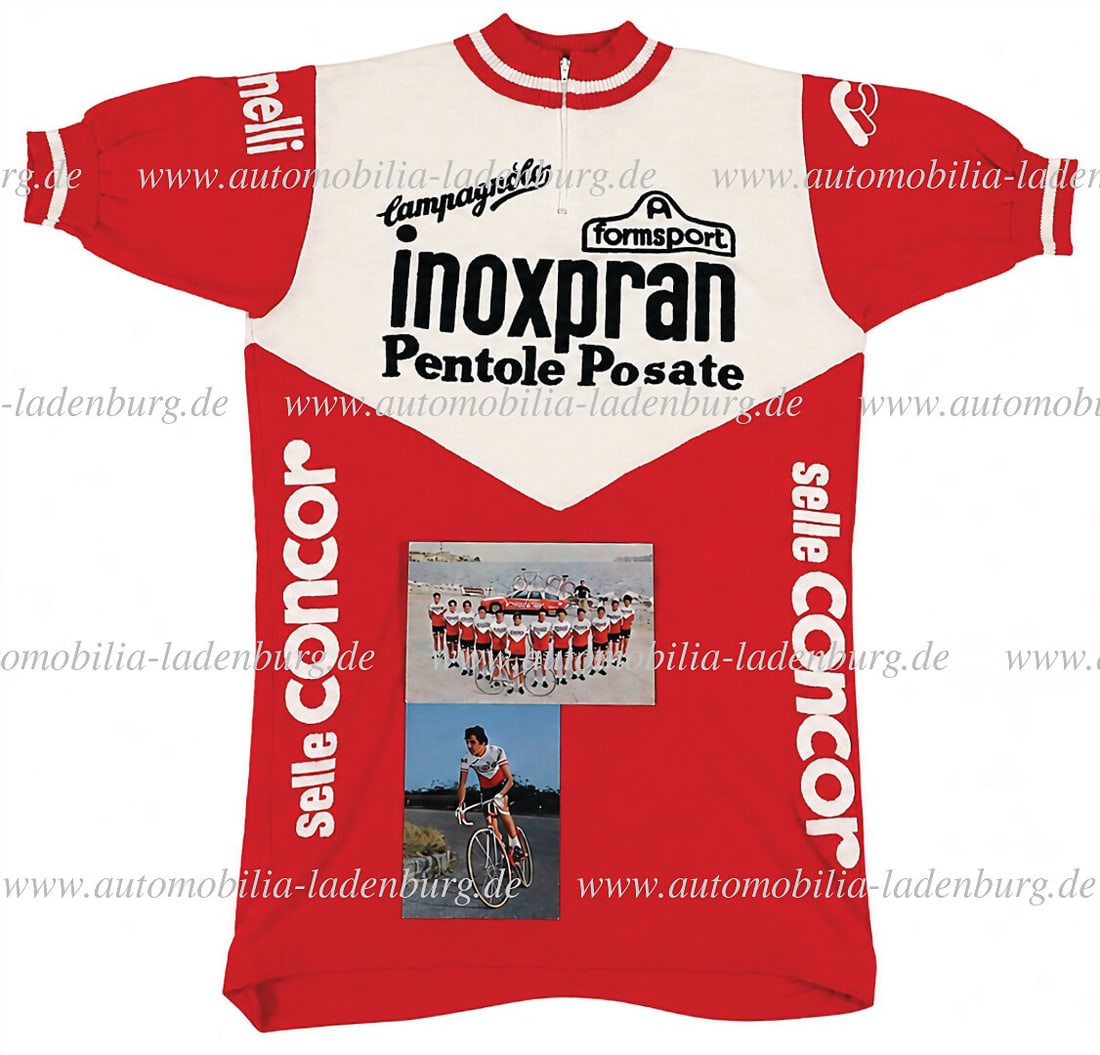 INOXPRAN Mixed lot of 3 pieces, including original Inoxpran jersey (unknown manufacturer / Made in: INOXPRAN Mixed lot of 3 pieces, including original Inoxpran jersey (unknown manufacturer / Made in Italy), size 4, and 2 factory postcards Inoxpran cycling team 1979 and Giovanni Battaglin, various fo