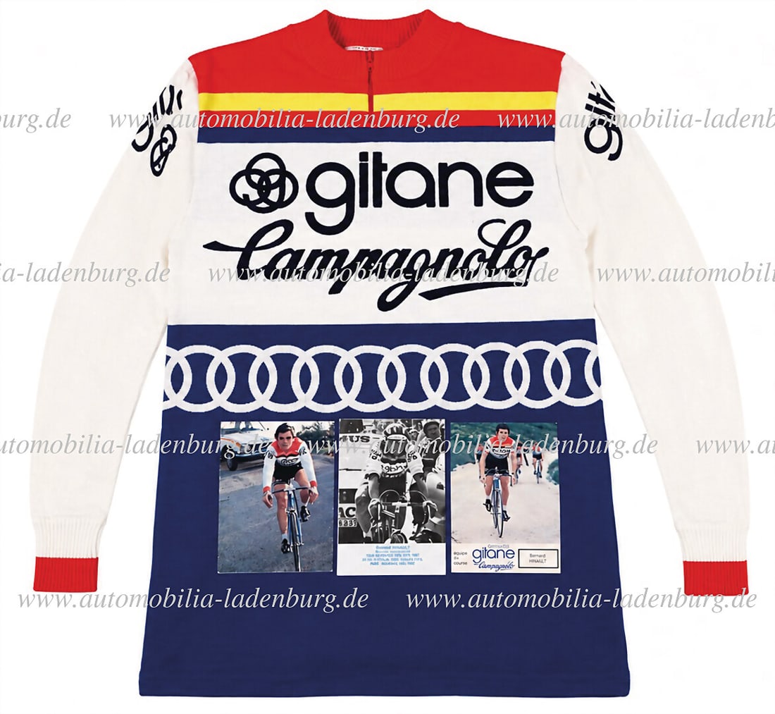 GITANE / BERNARD HINAULT Mixed lot of 4 pieces, including Gitane jersey (unknown manufacturer), size: GITANE / BERNARD HINAULT Mixed lot of 4 pieces, including Gitane jersey (unknown manufacturer), size 5, and Bernarnd Hinault work postcards, 14.5x10.5cm German Description GITANE / BERNARD HINAULT Kon