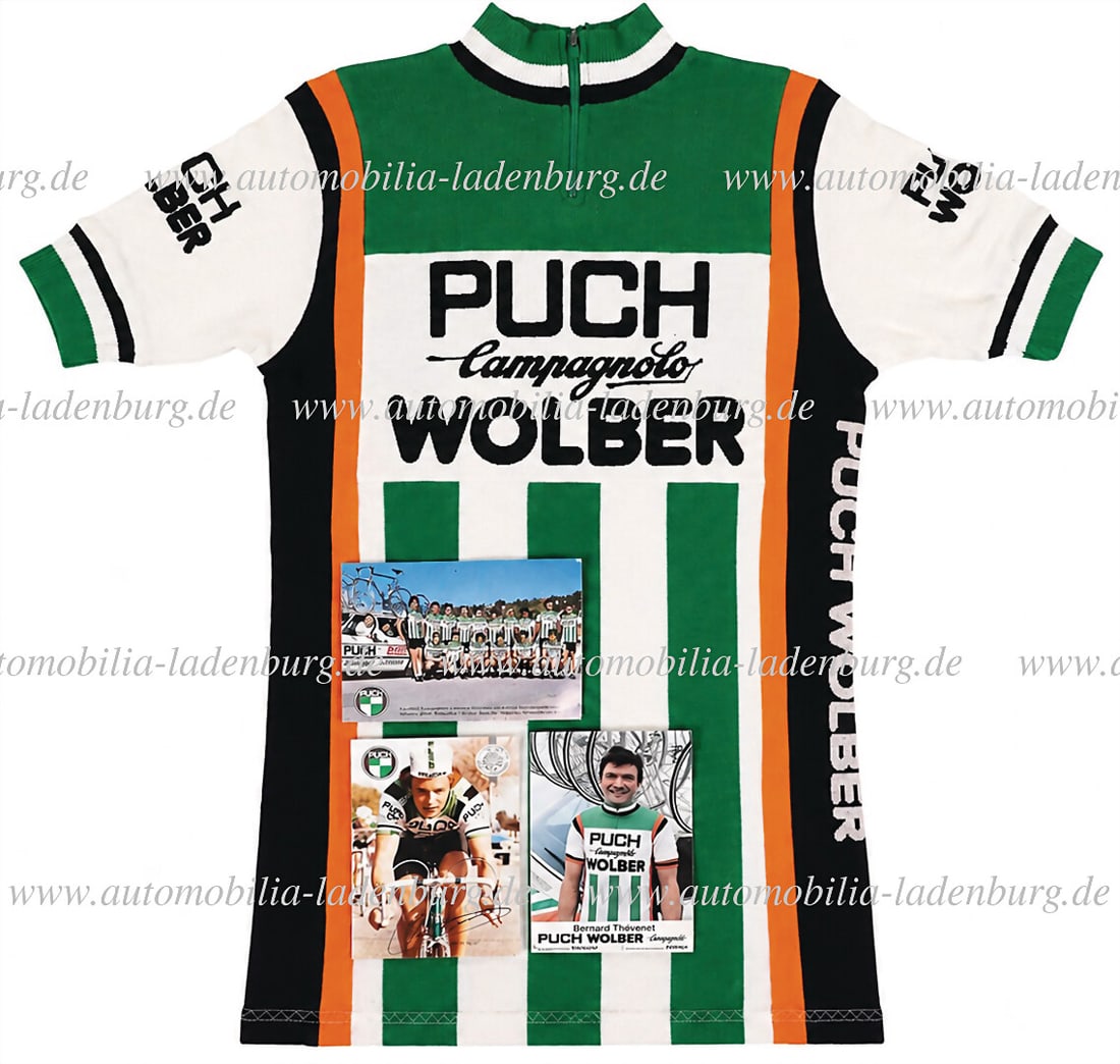 PUCH mixed lot of 4 pieces, including original Puch-Wolber-Campagnolo jersey (manufacturer BrÃ: PUCH mixed lot of 4 pieces, including original Puch-Wolber-Campagnolo jersey (manufacturer BrÃ¼gelmann), size 6, and 3 factory postcards Dietrich Thurau, Bernard ThÃ©venet and cycl