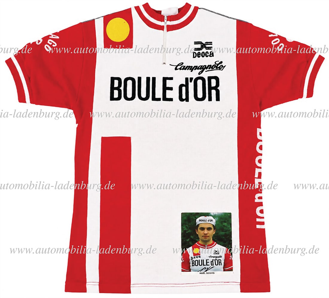 BOULE D'OR Mixed lot of 2 pieces, including original Boule d'Or-Colnago jersey (manufacturer BrÃ: BOULE D'OR Mixed lot of 2 pieces, including original Boule d'Or-Colnago jersey (manufacturer BrÃ¼gelmann), size unknown, and autographed postcard Noel Segers, 15x11.3cm German Description BO