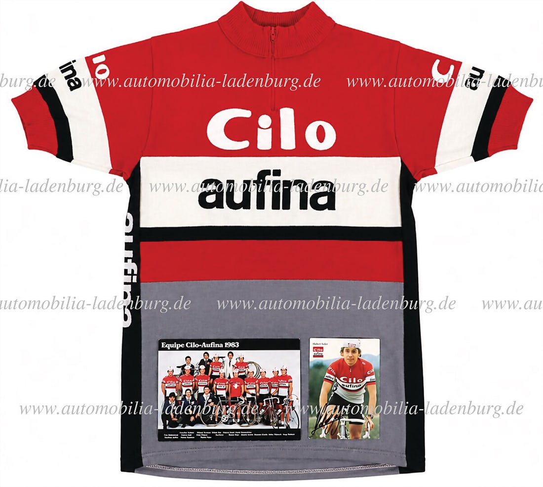 CILO-AUFINA Mixed lot of 3 pieces, including original Cilo Aufina jersey (manufacturer unknown /: CILO-AUFINA Mixed lot of 3 pieces, including original Cilo Aufina jersey (manufacturer unknown / Made in Italy), size 4, as well as hand-signed Hubert Seiz factory postcard and postcard cycling team 1