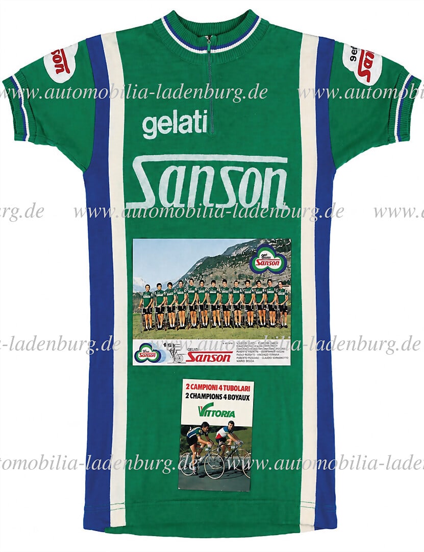 GELATI-SANSON mixed lot of 3 pieces, including original Galti-Sanson jersey (manufacturer Vittore: GELATI-SANSON mixed lot of 3 pieces, including original Galti-Sanson jersey (manufacturer Vittore Gianni), size 2, discolorations on front and back, and 2 factory postcards cycling team Gelati Sanson 